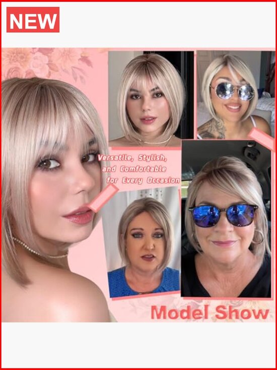 Glueless Lace Front Short Bob Wig with Bangs, Protein Synthetic Fiber, 12 Inch main image 5